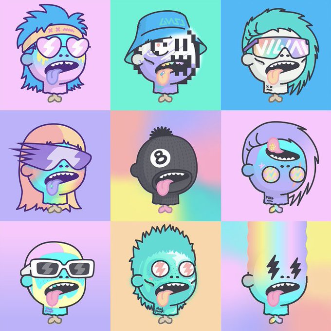 A 3x3 grid of colorful cartoon zombie-like character heads with sunglasses, varying hairstyles, and protruding tongues.