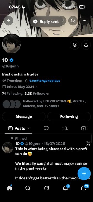 A mobile screenshot of an X (Twitter) profile for '10 @10genn', verified, in 'Trenches', joined May 2024, with 74 Following and 3.3K Followers; pinned post reads "This is what being obsessed with a craft can do 😳" with text "We literally caught almost major runner in the past weeks / It doesn't get better than the moment of"