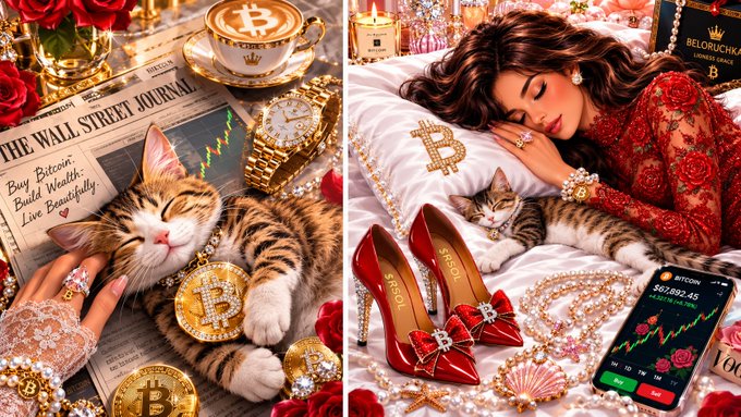 A collage of AI-generated luxury crypto-themed images featuring Bitcoin coins, a Wall Street Journal newspaper, a sleeping cat with a Bitcoin medallion, red Gucci heels, a woman in a red dress, and a smartphone displaying a Bitcoin price chart of $62,592.43.