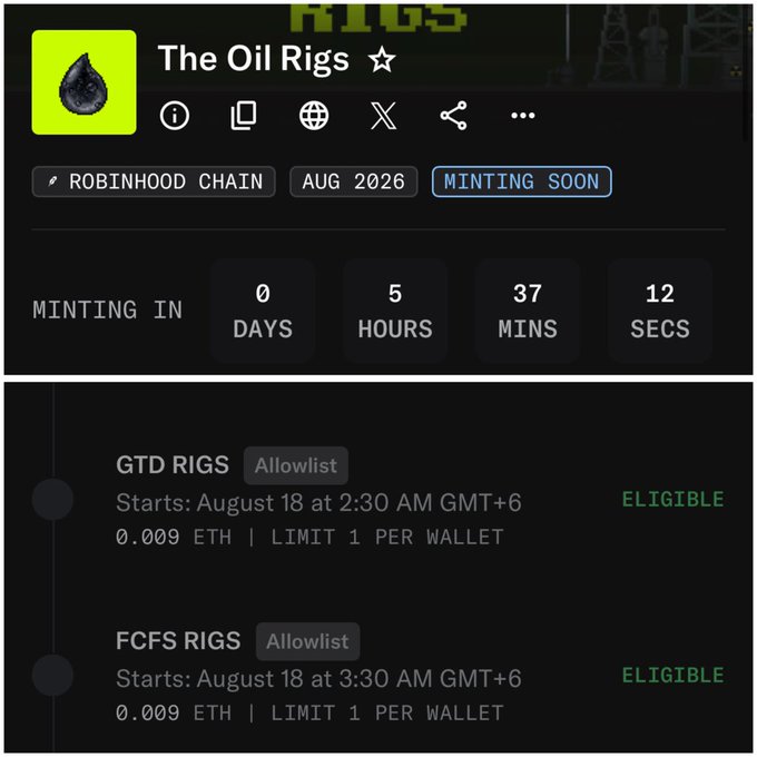 Minting page for the 'The Oil Rigs' NFT collection on Robinhood Chain, showing a countdown of 0 days, 5 hours, 37 minutes, and 12 seconds until an August 2026 mint at 0.009 ETH.
