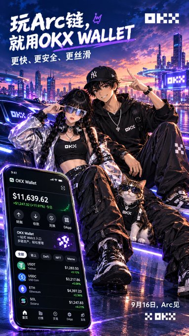 An advertisement for OKX Wallet featuring two anime-style characters in urban streetwear, promoting the Arc chain with the Chinese text '玩Arc链，就用OKX WALLET' (Play Arc chain, use OKX WALLET) and showing a wallet balance of $11,639.62.