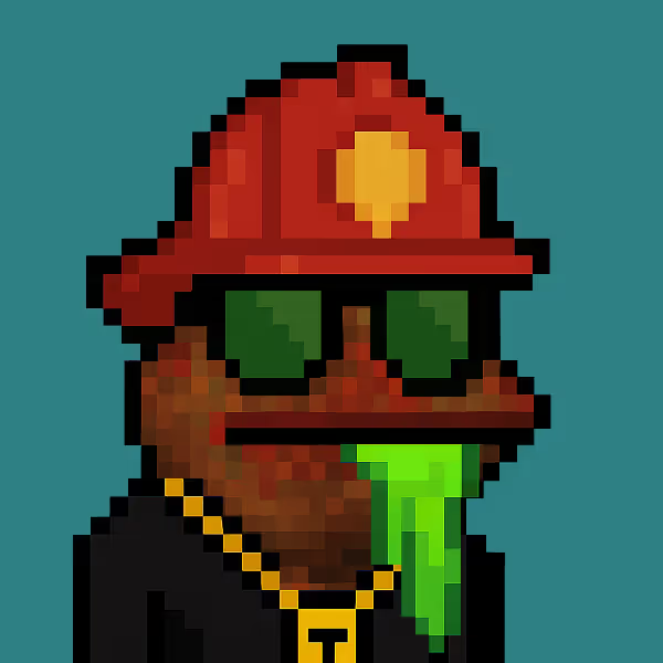A pixel art illustration of a character wearing a red fireman's helmet, green sunglasses, a gold chain, and a green bandana over a black shirt.