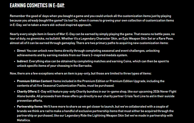 A black background image with white text titled 'EARNING COSMETICS IN E-DAY', explaining the ways players can earn cosmetic items in the Gears of War: E-Day game through direct unlocks or indirect gameplay, with limited pay-only exceptions.