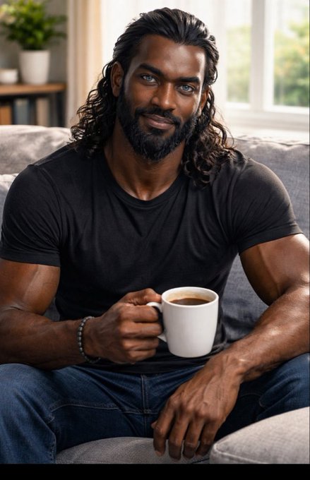 A muscular man with long dark hair and a beard sits on a grey couch in a bright room, smiling gently while holding a white mug of coffee.