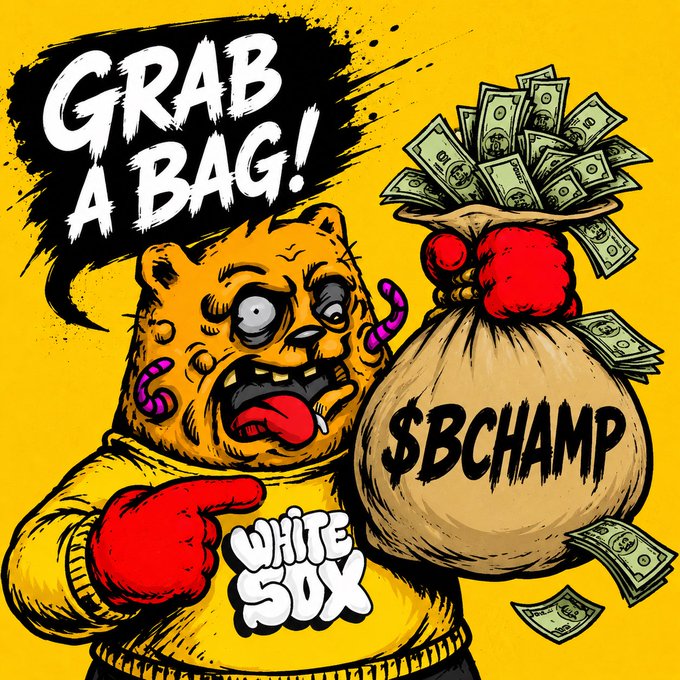 Comic-style illustration of a bear mascot wearing a 'White Sox' shirt holding a money bag labeled '$BCHAMP' with the text 'GRAB A BAG!'.