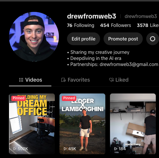 A TikTok profile for 'drewfromweb3' (454 followers, 3578 likes) shows pinned videos including 'BUILDING MY DREAM OFFICE' (502K views) and 'LEDGER X LAMBORGHINI' (45K views).