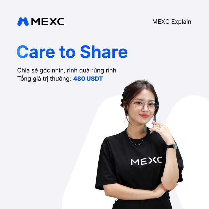 A MEXC promotional graphic titled 'Care to Share' in Vietnamese, offering 480 USDT in rewards, featuring a smiling woman in a black MEXC t-shirt.