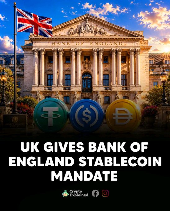 Image of the Bank of England building with a British flag and three cryptocurrency coins (Tether, USDC, and a third token), with text reading 'UK GIVES BANK OF ENGLAND STABLECOIN MANDATE' from Crypto Explained.