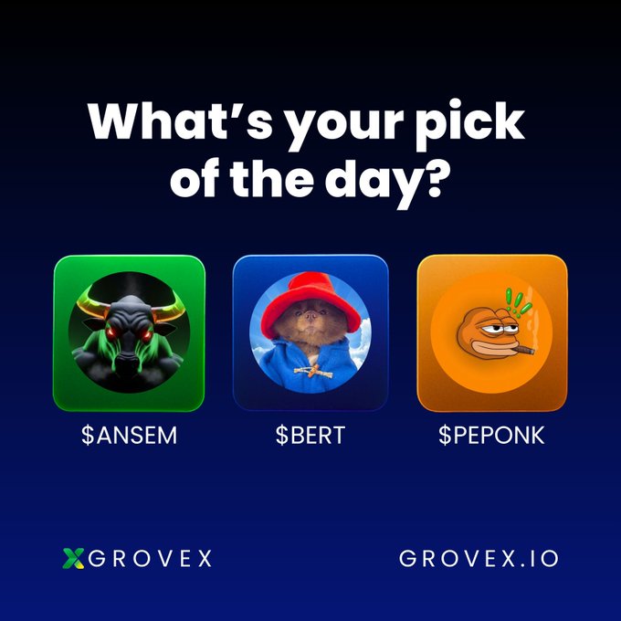 The image is a promotional graphic with a dark navy background asking "What's your pick of the day?" and displaying three meme coin options—$ANSEM (green tile with a horned creature), $BERT (blue tile with Paddington Bear), and $PEPONK (orange tile with a Pepe-style smoking character)—branded with the "GROVEX" logo and "GROVEX.IO" website, directly matching the post's call for viewers to choose between the three tokens.