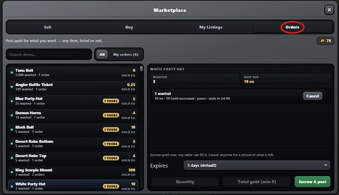 A screenshot of a 'Marketplace' interface with the 'Orders' tab circled in red, displaying various items for sale including 'Tom Bulk', 'Angler Raffle Ticket', and 'White Party Hat' in gold (GOLD), with the user's balance shown as 78.