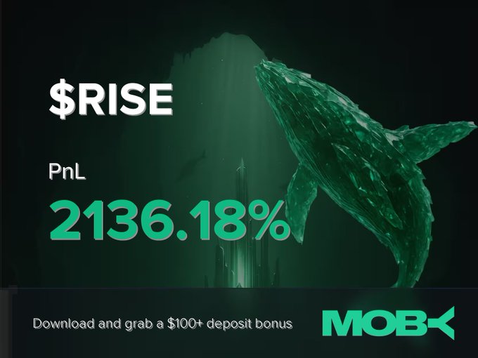 The image is a Moby promotional graphic featuring a green whale ascending through a dark underwater scene, with bold text displaying "$RISE" and an impressive PnL of "2136.18%," along with a call-to-action to "Download and grab a $100+ deposit bonus" alongside the Moby logo. It visually celebrates the win alert about a trader closing a $RISE position with that massive +2136.18% gain, highlighting Moby's mobile trading success.