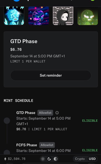 A mobile app screenshot showing NFT mint schedule details: GTD Phase at $6.76 starting September 14 at 5:00 PM GMT+1 (ELIGIBLE), and FCFS Phase at 6:00 PM (ELIGIBLE).