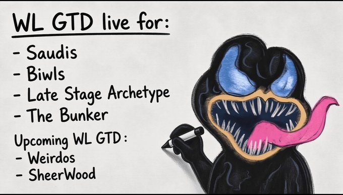 The image features a cartoon venom character with a long pink tongue and sharp teeth, holding a marker, alongside a handwritten list announcing "WL GTD live for: Saudis, Biwls, Late Stage Archetype, The Bunker" and "Upcoming WL GTD: Weirdoos, SheerWood." The creative artwork illustrates the post's message about securing whitelist (WL) guaranteed (GTD) spots for community-requested hype mints.