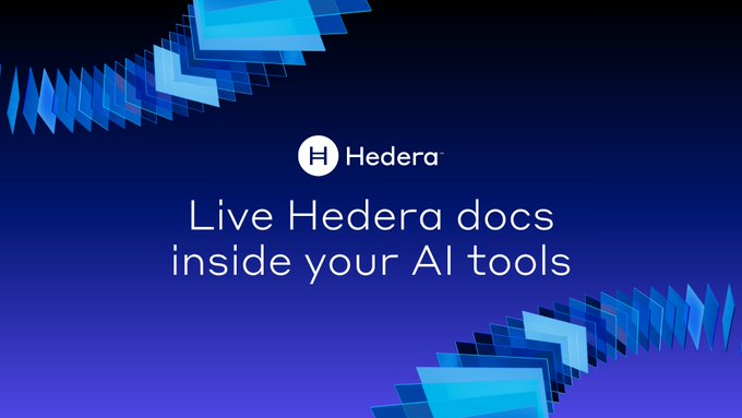 A promotional graphic featuring the Hedera logo and the headline "Live Hedera docs inside your AI tools" against a dark blue background with geometric blue accents, illustrating the integration of Hedera's documentation MCP server into AI coding agents.