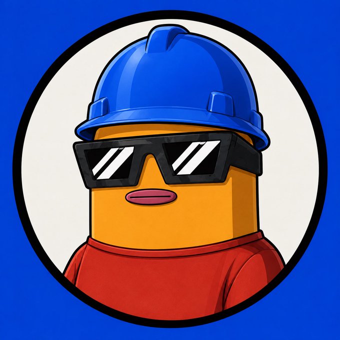 A cartoon character wearing a blue hard hat, sunglasses, and a red shirt is shown in a circular frame, representing a savvy trader or builder. The image complements the post's message about the repetitive cycle of crypto traders who enter the market to dump their bags during bull runs and then refill them later.