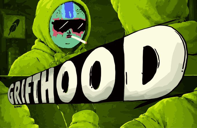 Stylized graphic art titled 'GRIFTHOOD' featuring a hooded figure with sunglasses and a cigarette in green and black tones.