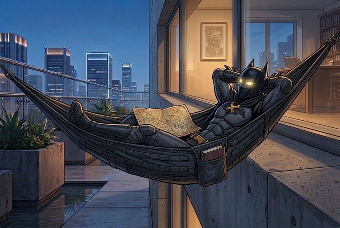 The image features a man dressed as Batman, sitting in a hammock with his eyes closed while holding a book. He appears to be relaxing or taking a break from his daily activities. The scene takes place outdoors, possibly at night, with buildings visible in the background. The caption reads "Good night fam shadow will run a GA tomorrow ~~intern". This phrase is likely an inside joke or reference to the character's role as Batman and his reputation for being a night owl.