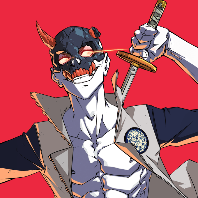 An anime-style illustration of a character with a red oni-style mask, glowing red eyes, and holding a katana sword against a red background.