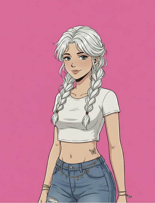 An anime-style illustration of a young woman with silver braided hair, a butterfly stomach tattoo, a white crop top, and blue jeans with a chain belt, set against a solid pink background.