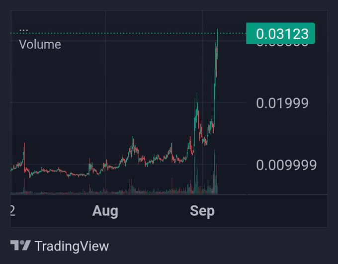 A TradingView chart displays a cryptocurrency's price surging sharply in early September, peaking at 0.03123 from a prior range around 0.009999-0.01999, illustrating the dramatic gains for the token at contract address 0x0A43fC31a73013089DF59194872Ecae4cAe14444 after months of promotion.