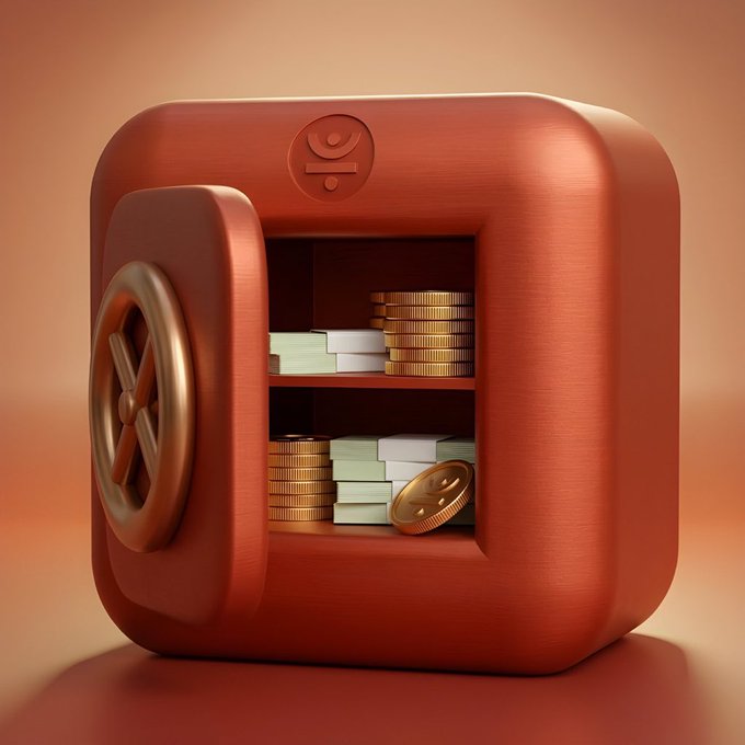 A stylized 3D rendering of a red, cubic safe with a visible combination dial on its left side, opened to reveal stacks of gold coins and paper currency neatly arranged on two interior shelves. The image visually represents the secure financial storage and value preservation concepts central to the post's discussion of DeFi as the foundational settlement layer for Web3's decentralized economy.