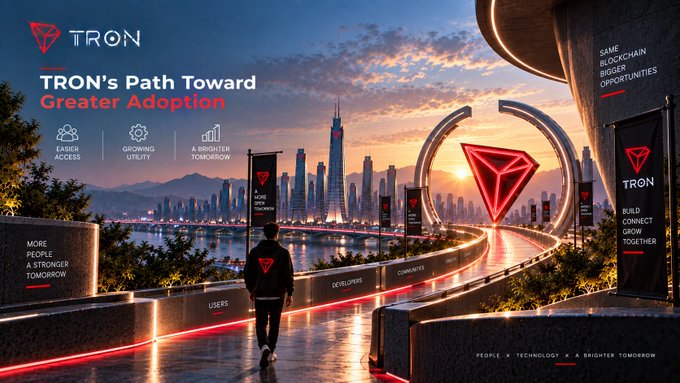A promotional banner for 'TRON' titled 'TRON's Path Toward Greater Adoption', featuring a futuristic cityscape, a large glowing triangular logo, and text highlighting 'EASIER ACCESS', 'GROWING UTILITY', and 'A BRIGHTER TOMORROW'.