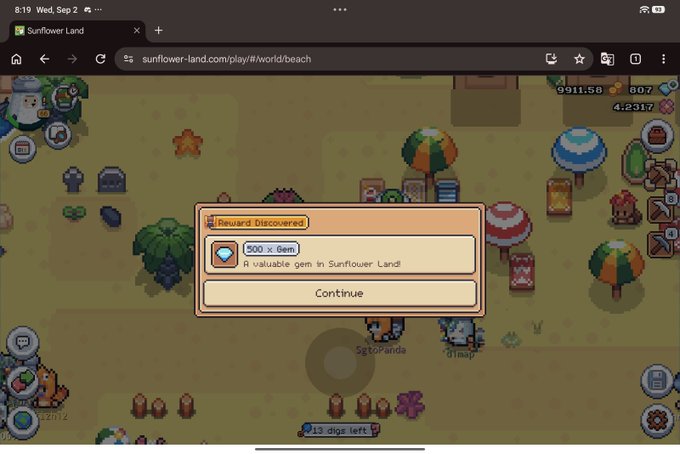 A player named "Sp1toPanda" in Sunflower Land has discovered a "Reward Discovered" popup revealing "500 x Gem - A valuable gem in Sunflower Land" on the beach area, with the in-game clock showing "213 digs left" and resources totaling 9911.50 coins and 4.2317 gems — supporting the post's excitement about a much-needed lucky find during their farm play session.