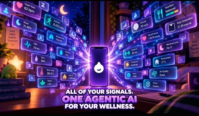 A wellness app advertisement showing a smartphone displaying various health metrics like heart rate, sleep, HRV, and hydration, with the tagline 'ALL OF YOUR SIGNALS. ONE AGENTIC AI FOR YOUR WELLNESS.'