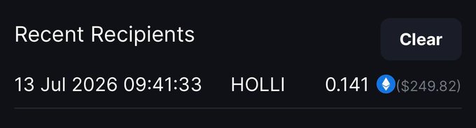 The image shows a "Recent Recipients" transaction log displaying a 0.141 ETH (~$249.82) transfer to user "HOLLI" on July 13, 2026 at 09:41:33. This serves as proof of the approximately $250 giveaway payment sent to the recipient mentioned in the post.