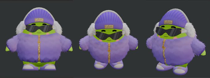 A 3D render showing three angles of a green character wearing a purple fuzzy coat, purple beanie, and sunglasses, with a 'WOOX' logo tag.