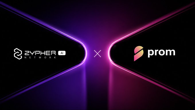 A promotional collaboration graphic featuring the logos for "Zypher Network AI" and "prom" separated by a glowing "X" against a dark background with purple and pink neon light streaks, illustrating the partnership between the two blockchain platforms to advance the AI agent economy.