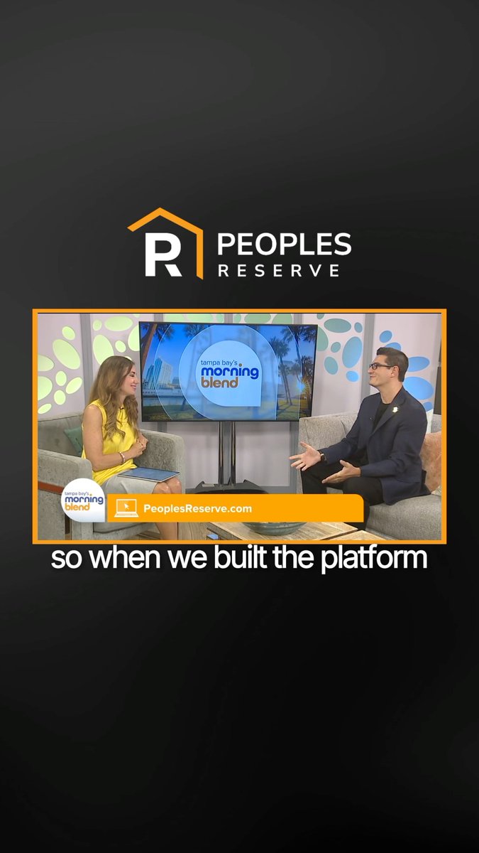 A man from Peoples Reserve being interviewed on "Tampa Bay's Morning Blend" with the caption "so when we built the platform," promoting the segment about simplifying cryptocurrency adoption through tangible benefits like lower monthly payments.