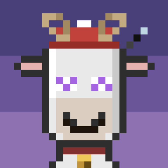 A pixel art depiction of a character with white hair, purple eyes, reindeer antlers, and a wide grin, wearing a red and white outfit against a purple background.