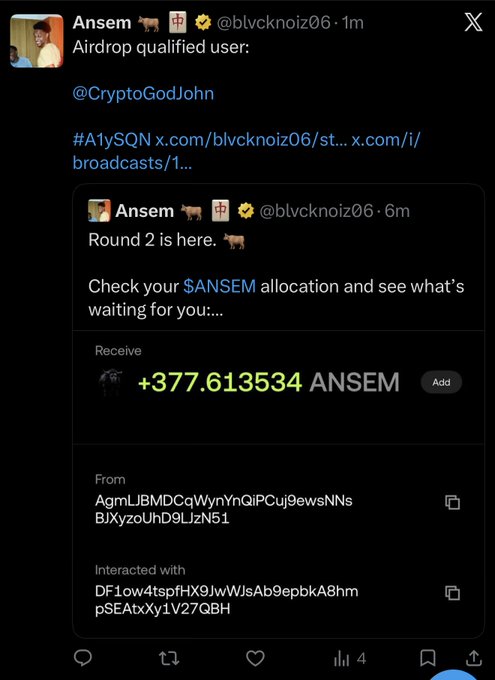 The image shows a tweet from "Ansem" (@blvcknoiz06) announcing a fake "Airdrop qualified user" notification for $ANSEM tokens, offering +377.613534 ANSEM, with embedded links that are typical of crypto scam phishing attempts—which the accompanying post confirms fooled the user before they realized it was fraudulent.