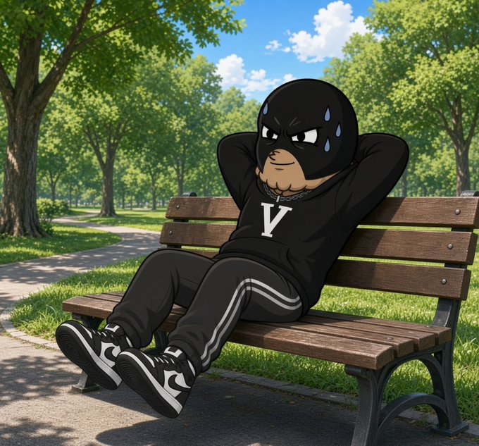 A cartoon character dressed in black streetwear sitting on a park bench with an annoyed expression and sweat drops