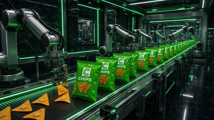 A futuristic factory scene with robotic arms producing green bags of 'CHIPS' on an assembly line illuminated by neon green lighting.