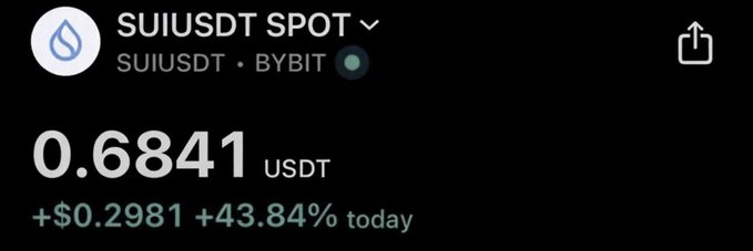 The image shows a price tracker for the SUI/USDT spot trading pair on Bybit, displaying a current price of 0.6841 USDT with a significant daily gain of +$0.2981 (+43.84%), reinforcing the post's decision to accumulate $SUI while it remains under $1.