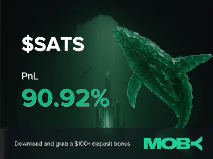 A promotional Moby graphic features a large green whale alongside the text "$SATS" and a PnL of "90.92%," highlighting a trader's profitable position. The bottom banner invites users to "Download and grab a $100+ deposit bonus" alongside the Moby logo.
