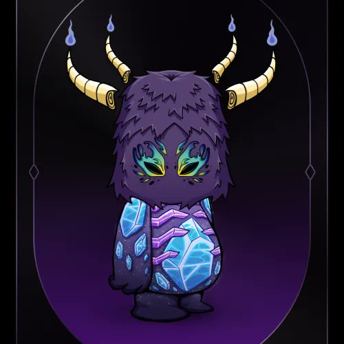 A purple horned monster character with glowing green eyes and blue flames on its horns stands against a dark purple background, wearing an outfit with blue gem-like patterns.