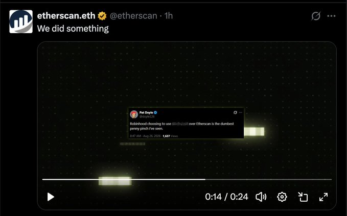 A tweet from @etherscan states 'We did something' and includes a video featuring a quote-tweet from Pat Doyle (@doyle126) calling the Etherscan robot hood 'the dumbest penny pinch I've seen.'