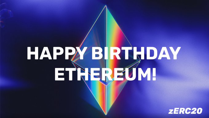 A celebratory graphic featuring the Ethereum diamond logo with rainbow light refractions against a deep blue background, displaying the text "HAPPY BIRTHDAY ETHEREUM!" with a "zERC20" watermark in the corner. The vibrant design visually honors the post's birthday tribute to @ethereum.