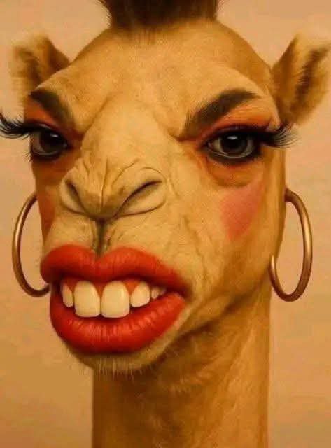 A digitally altered image depicts a camel with human-like facial features, including heavy makeup, large lips, hoop earrings, and long eyelashes.