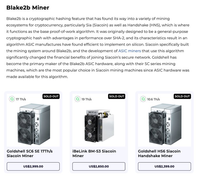 The image shows a webpage titled "Blake2b Miner" featuring three cryptocurrency mining rigs—all marked "SOLD OUT"—including the Goldshell SC6 SE (17 Th/s) at $2,999, iBeLink BM-S3 Siacoin Miner (19 Th/s) at $2,850, and Goldshell HS6 Siacoin Handshake Miner (10.6 Th/s) at $2,399. The post humorously speculates that despite this apparent high demand for Blake2b ASIC miners, the audience interested in related protocol changes (BIP-110) may actually consist of just 15-20 people.