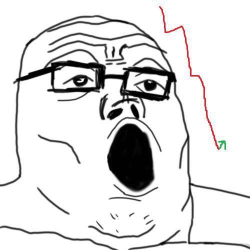 The image features the popular "Soyjak Wojak" meme—a frustrated, screaming cartoon face wearing glasses—with a downward red arrow, humorously illustrating the post's warning against panic over Bitcoin's price movements while BTC remains in "lower high territory" below 83K.