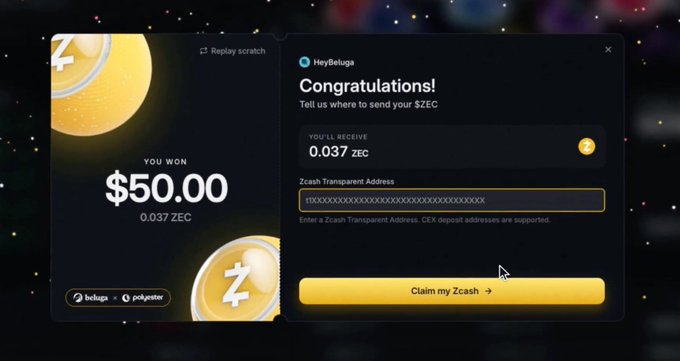 Screenshot of a HeyBeluga promotion showing "YOU WON $50.00" (0.037 ZEC) with a congratulations message asking for a Zcash transparent address to claim the ZEC prize, featuring Beluga and Polywager branding.