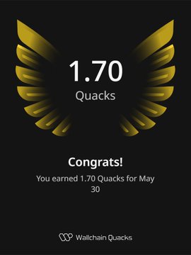 The image shows a poster with an illustration of a bird's wing, featuring gold and black colors. The text on the poster congratulates the user for scoring 1.7 Quacks or 1.7 points up to 241 All applied projects still under review. The poster also mentions that the user has earned 1.7 Quacks in one day.