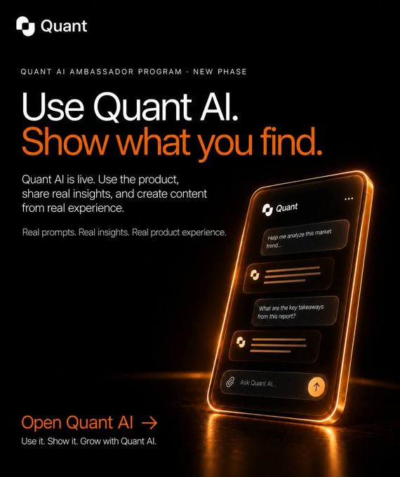 A promotional graphic for 'Quant AI Ambassador Program' with a dark background and orange accent text reading 'Use Quant AI. Show what you find.' It features a glowing smartphone displaying the Quant AI chat interface with prompts about market analysis and takeaways from reports.