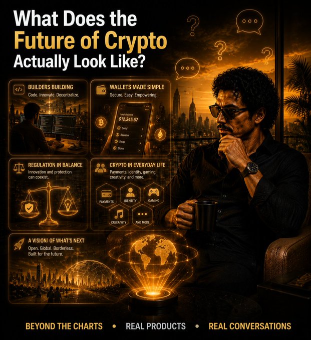 An infographic titled 'What Does the Future of Crypto Actually Look Like?' featuring a thoughtful man with a city skyline background, with sections on builders, wallets, regulation, crypto in everyday life, and 'A Vision of What's Next', tagged 'BEYOND THE CHARTS • REAL PRODUCTS • REAL CONVERSATIONS'.