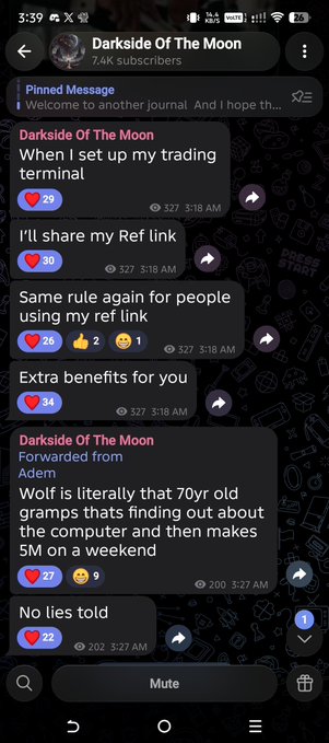 A Telegram chat screenshot from the "Darkside Of The Moon" group (7.4K subscribers) showing messages promoting a referral link for a crypto trading terminal, including promises of "Same rule again for people using my ref link" and "Extra benefits for you," along with a forwarded message mocking a "70yr old gramps" making "$5M on a weekend." The post relates to the image as the user comments "Been there bro for a while now," suggesting they've experienced this type of crypto referral scheme, possibly referencing the Ethereum address 0xE621561d7722EC72Bb0cE4DBC6ee69F3ef812fcd.
