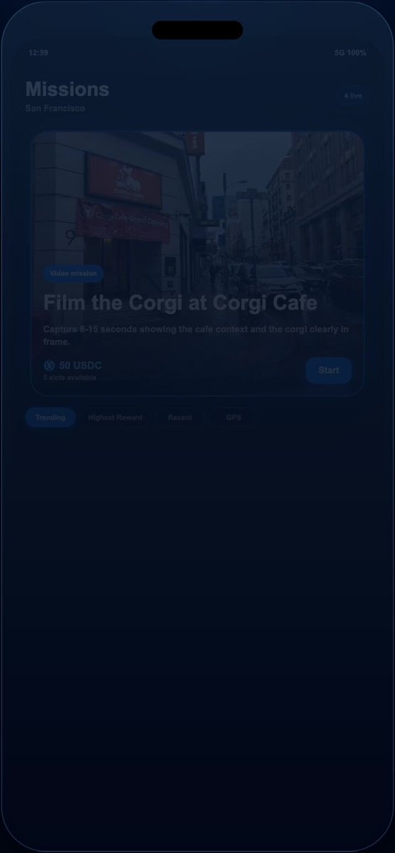 The image shows a cell phone screen with a message from @Katch_live, an online community for sharing missions related to the Corgi breed. The message encourages users to take a video of the Corgi at the Corgi Cafe in SF and share it on social media platforms to earn 50 USDC (United States Dollars). The phone is positioned against a beige background, with the text displayed prominently on the screen.